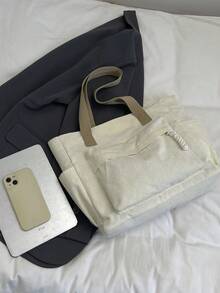 1个白色灯芯绒单肩手提包，简约轻便大容量女士单肩包，大学/学校休闲手提包，带多个口袋 - Pearl White - 查看 4