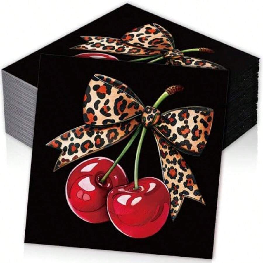 D50 Pcs Cheetah Cherry Cocktail Napkin Disposable Paper Napkin Red Black Leopard Bow Drink Beverage Napkins For Girls Women Home Party Tableware Plies Decor - Đỏ Đen - Xem 1