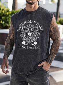 Men's Printed Vintage Washed Vest, Loose Fit, Casual Street Style, An Essential Everyday Item - 黑色 - 查看 1