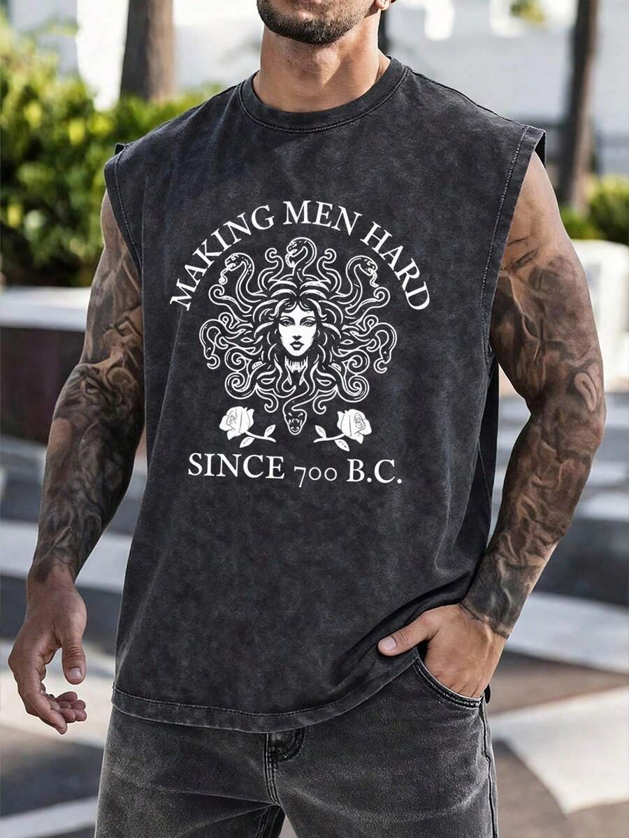 Men's Printed Vintage Washed Vest, Loose Fit, Casual Street Style, An Essential Everyday Item - 黑色 - 查看 1