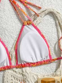 复古印花三角比基尼套装，经典挂脖设计，活力假期 - 彩色 - 查看 5