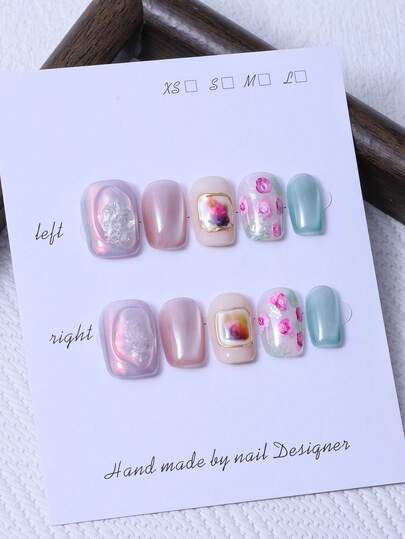 10pcs/Set Handmade Short Square Shaped Nail Pieces In Y2K Light Pink Style & 3D Hand Painted Crystal Molding & Hand Drawn Gradient Smudging Flower Design Nail Decoration. 1 Piece Of Jelly Gel And 1 Piece Of Nail File. Perfect For Daily Life As Well As Coachella Music Festival Party Outfits, Press On Nails And Nail Care Products.