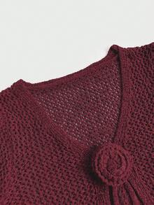 Women's Sweet & Spicy Sheer Lightweight Summer Sexy Hollow-Out Floral Design Long Sleeve Cover Up Knit Top - Burgundy - View 7