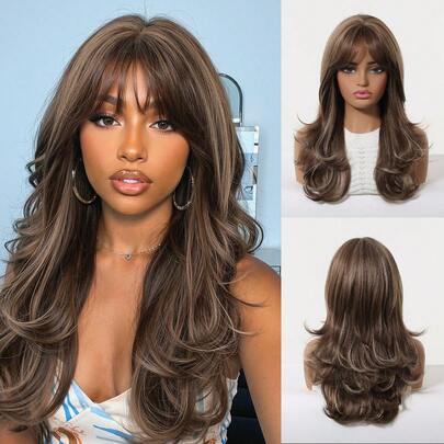 Tóc giả dài 20 inch, màu nâu tro, kiểu balayage, gợn sóng, có mái, bồng bềnh, có dây đeo điều chỉnh được, thích hợp cho các bữa tiệc.