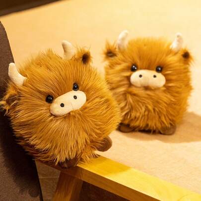 逼真的高地奶牛毛绒玩偶，可爱蓬松的奶牛毛绒玩偶，柔软舒适的抱枕，适合作为生日惊喜礼物、复活节礼物、桌面摆件、毕业礼物送给同学和朋友