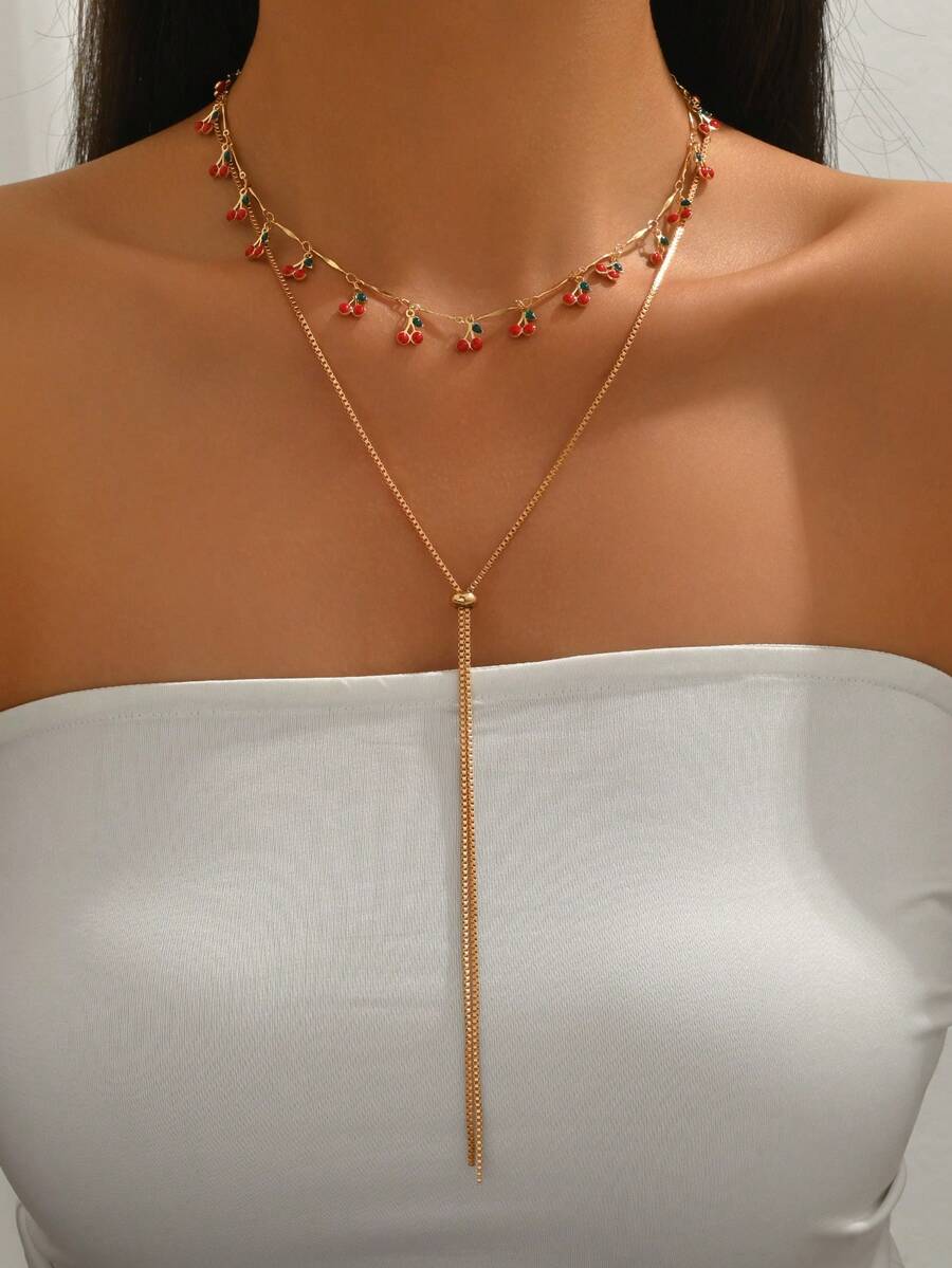 2件套可爱樱桃流苏项链，时尚百搭Y字形金色长项链，适合日常佩戴和派对/音乐节，链长可调节 - 彩色 - 查看 1