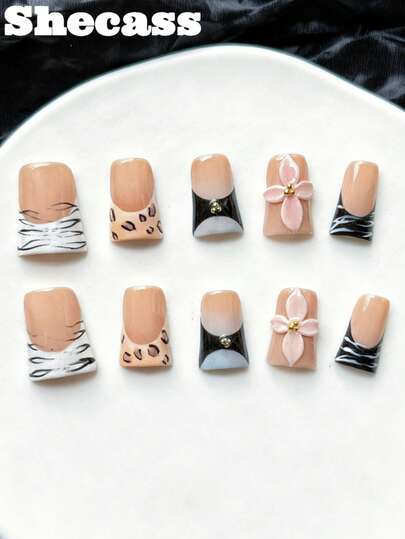 10pcs Handmade Press On Nails Short Nails Duck NailsChristmas Black Nails French Nails Flower Leopard 3D Charms Decoration With 3pcs Nail Art Tools Nail Gluenail Supplies Fake Nails For Women And Girls To Party Travel Daily School Summer Nails Travel Vocation Music Festival