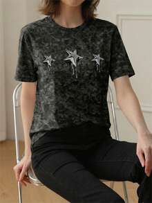 2026夏季新款女式休闲宽松圆领印花Y2K星形图案街头时尚水洗短袖T恤 - 黑色 - 查看 3