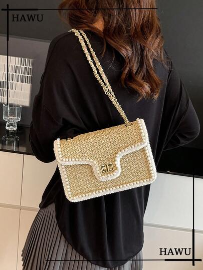 Fashion Pearl Design Straw Shoulder Bag, Small Square Bag For Beach Vacation