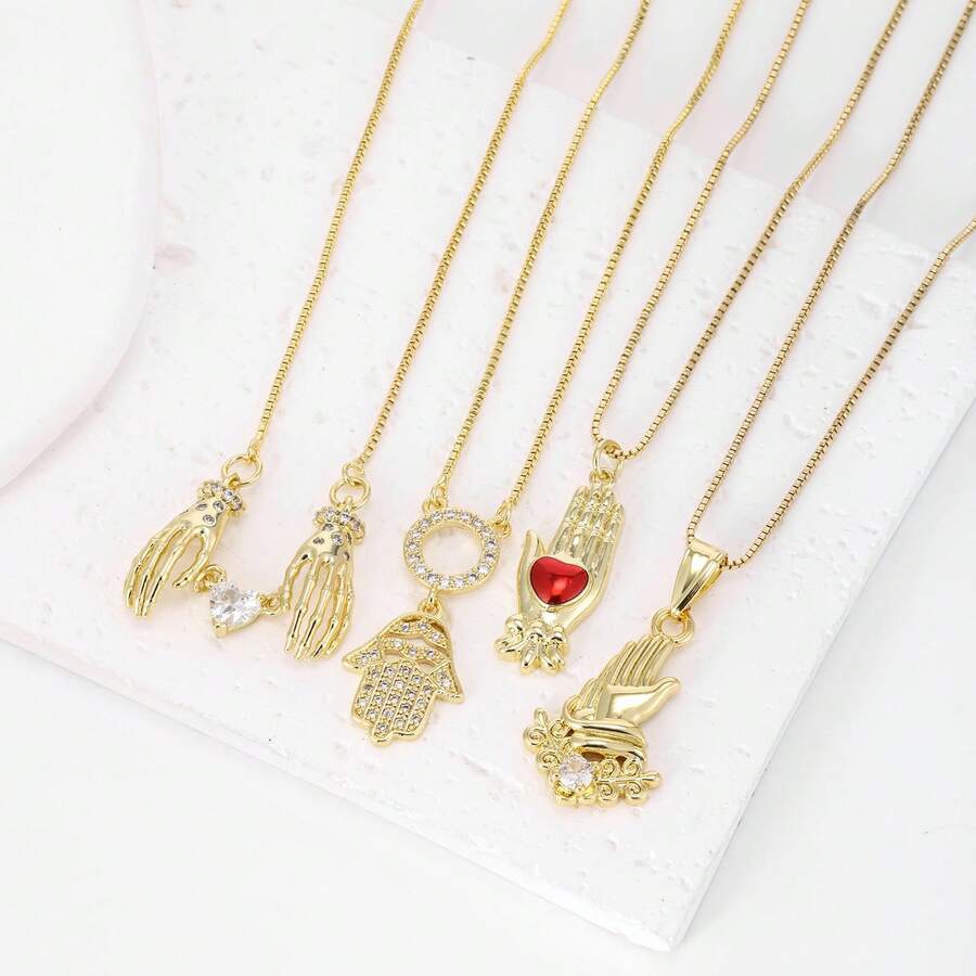 1件白色锆石18K镀金铜掌形吊坠项链，奢华珠宝礼品，女士之选，简约设计 - 金色 - 查看 1