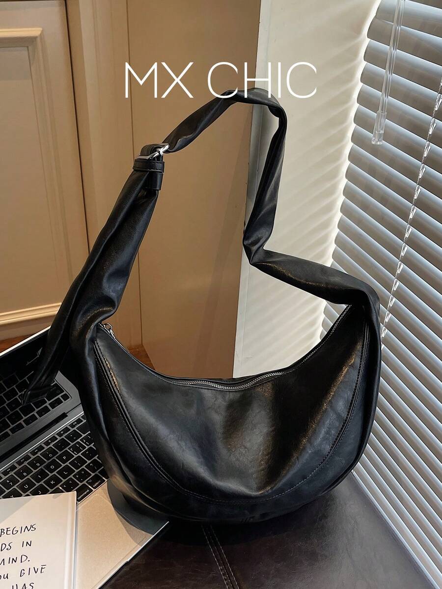 1pc Solid Color PU Crescent Shoulder Bag, Large Capacity, Fashionable For Adult Women, Suitable For Outings And Shopping - Black - View 1