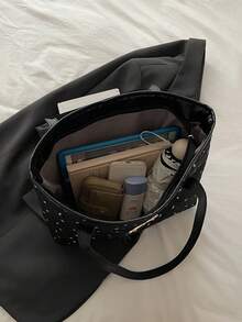 Tas Tote Kasual Kapasitas Besar Motif Berlian Warna Solid dengan Pita, Model Baru 2025, Tas Tangan Fashion Minimalis - Hitam - View 7