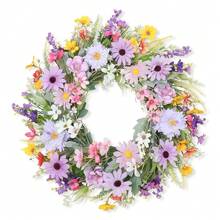 1Pc Artificial Daisy Wreath For Front Door Green Leaf Wreath Spring Summer All Seasons Wreaths For Home Wall Wedding Festival Farmhouse Porch - Multicolor - View 2