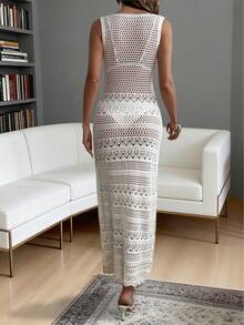 Free-Form Spring/Summer New Elegant Casual Women's Hollow-Out Long Knitted Dress, Sexy, Beach, Vacation, Seaside White - White - View 2