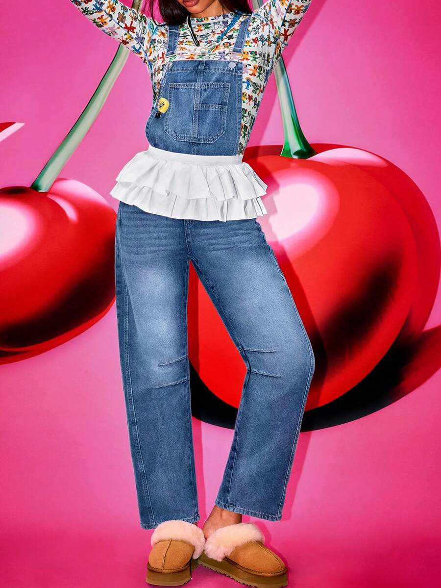 女士夏季水洗中腰牛仔背带裤，经典复古修身直筒裤型 - 淺色水洗藍 - 查看 1