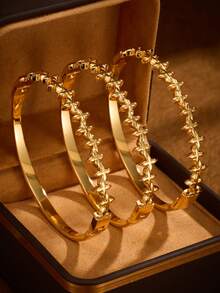 1/2/3 件装 时尚经典闪亮镀 24K 金不锈钢手工雕刻四角星手链，直径 60 毫米，可打开，适合女士日常佩戴，不含包装盒 - 鋼四芒星手鐲 - 查看 9