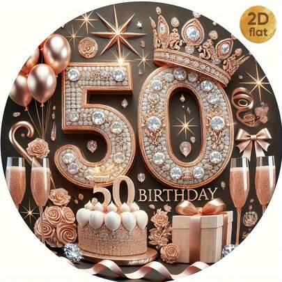 1pc 2D Flat Metal Iron Plaque | 50th Birthday Party Decor - Elegant Rose Gold Celebration Poster With Champagne And Crown, '50' Center Ornament, Unisex - Durable Wall Art - Indoor/Outdoor Decor - Milestone Birthday Gift