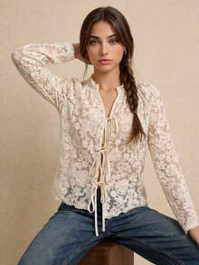 Semplice e raffinato cardigan casual elegante da donna con colletto alto, maniche lunghe, in colore unito e rete ricamata. Blusa casual nuova e versatile con fiocco e coulisse. Top estivo da donna. Abbigliamento primaverile da donna. Top da donna per feste e vacanze. Abbigliamento estivo elegante da donna per vacanze. - Albicocca - Visualizzare 3