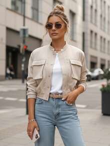 Women's Bomber Jacket With Snap Buttons And Large Pockets, Cropped Cut, Ribbed Hem And Button Cuffs, Lightweight, Hoodless, Straight Fit, Front Pocket Design, 100% Polyester. - Beige - View 4