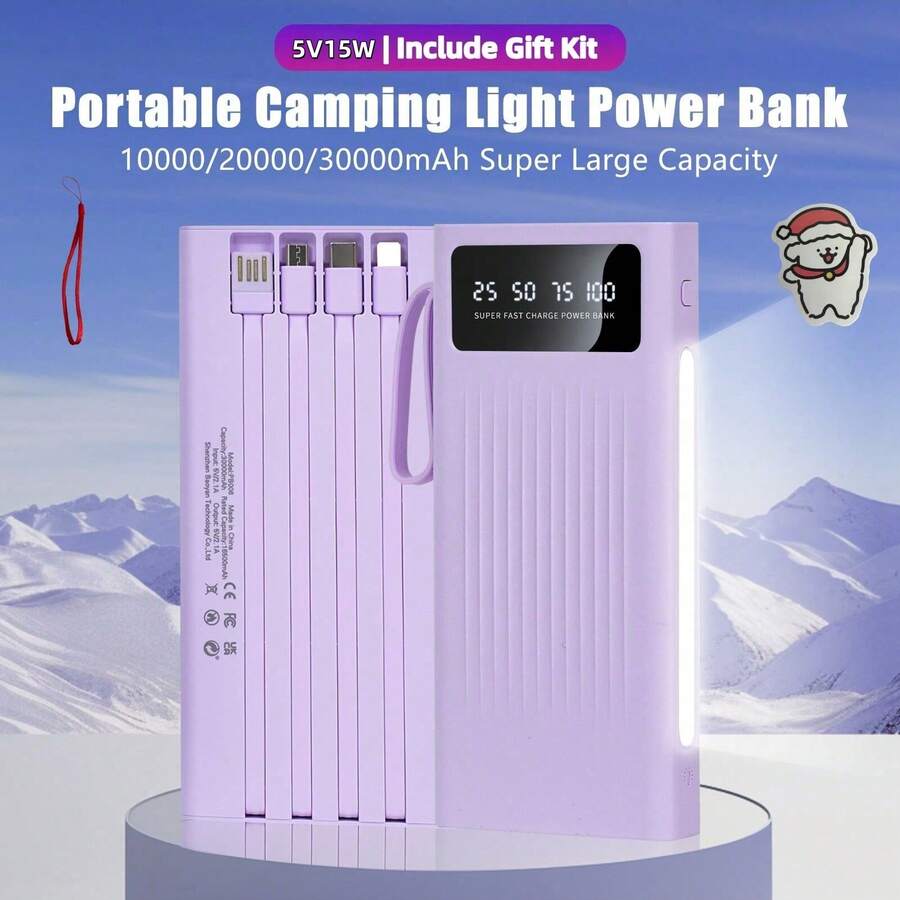 Pin dự phòng sạc nhanh di động dung lượng siêu lớn 10000/20000/30000mAh 5V2A, Bộ sạc phong cách tối giản cho doanh nhân, thiết kế cao cấp, tích hợp 4 dây cáp, đèn cắm trại siêu sáng 4 chế độ, vật dụng du lịch không thể thiếu, dành cho iPhone 6 7 8 X XR 11 12 13 14 15 16 Pro Max dành cho iPad, điện thoại Android, quà tặng cho gia đình, bạn bè, trẻ em, sinh nhật, giáng sinh, mùa đông, tối Thích hợp cho vui chơi ngoài trời, mua sắm, du lịch, nguồn điện di động Sạc siêu nhanh, màn hình hiển thị nguồn LED, bộ sạc di động cho thiết bị Android và iPhone có cổng USB và Type-C, pin lithium polymer an toàn và ổn định. Sạc siêu nhanh, màn hình hiển thị nguồn LED, bộ sạc di động cho thiết bị Android và iPhone có cổng USB và Type-C, pin lithium polymer an toàn và ổn định Thích hợp cho vui chơi ngoài trời, mua sắm, du lịch, nguồn điện di động cho Apple iPhone, iPad, điện thoại Android, quà tặng cho gia đình, bạn bè, sinh nhật, giáng sinh, mùa đông - Màu tím - Xem 1