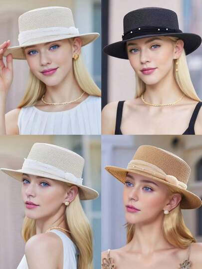 1顶女士优雅草帽，珍珠装饰编织遮阳帽，适合春夏外出、海滩度假，复古女士风格，透气百搭休闲帽