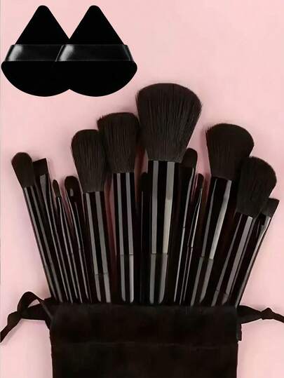 15 Piezas Juego de Brochas de Maquillaje, Incluyendo 2 piezas Esponja de Polvo en Forma de Triángulo Negro, Suave y Adhesiva, Con 13 Piezas Juego de Brochas de Maquillaje, Colorete, Lápiz Labial Líquido, Delineador, Bálsamo Labial, Corrector, Sombra de Ojos, Brocha para Base, Primer, Maquillaje de Marca, Polvo, Iluminador, Contorno, Fijador de Maquillaje, Maquillaje Coreano, Regalos para Chicas, Regalos para Mujeres, Distribución de Regalos
