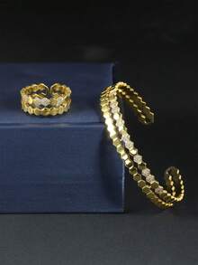 Retro Chic Dual-Tone Electroplated Cubic Zirconia Striped Bracelet & Ring Set, Suitable For Women's Daily Wear - Gold - View 1