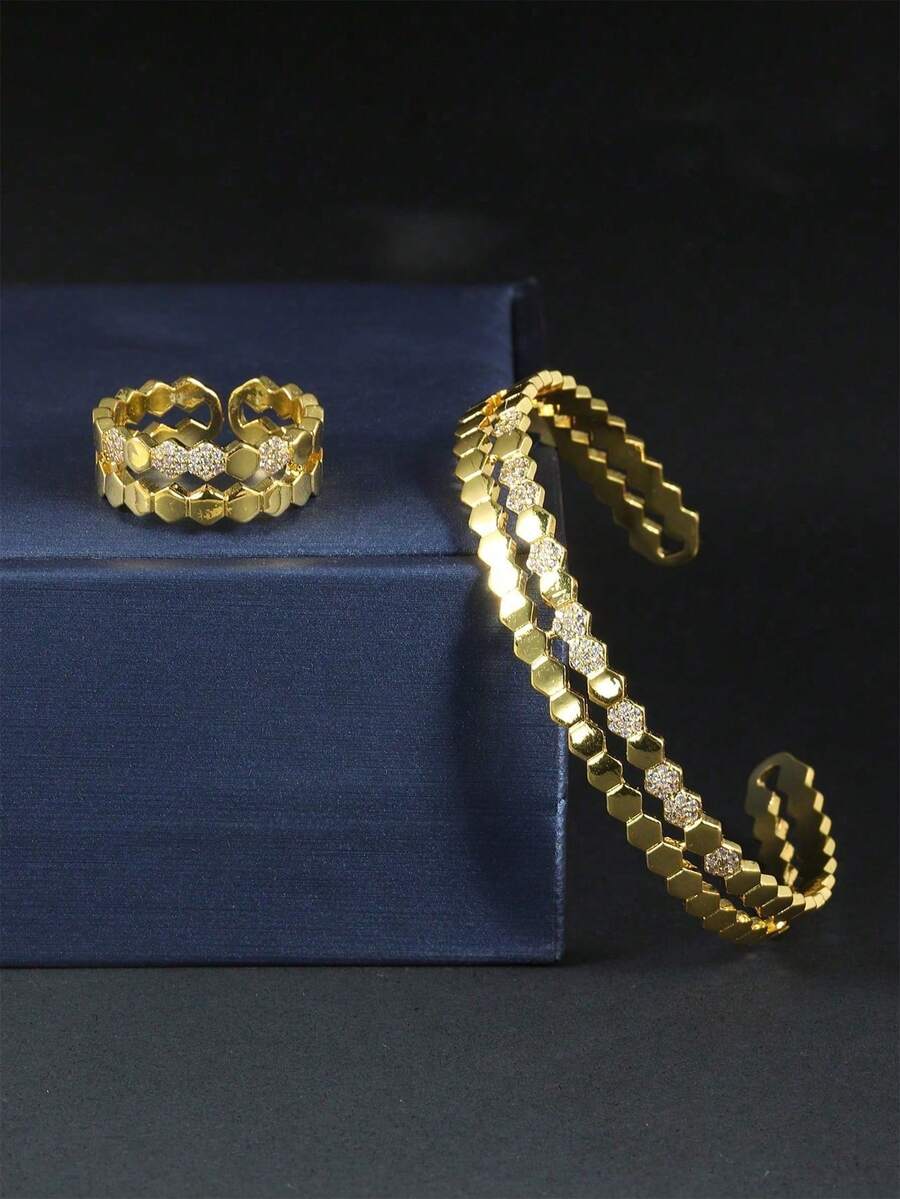 Retro Chic Dual-Tone Electroplated Cubic Zirconia Striped Bracelet & Ring Set, Suitable For Women's Daily Wear - Gold - View 1