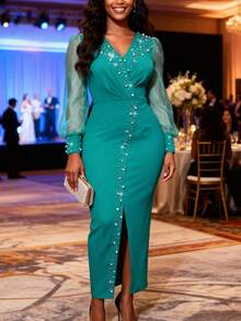 女士优雅修身绿色连衣裙，薄纱长袖，饰以珍珠，开衩设计，适合正式派对和场合。 - 綠色 - 查看 7