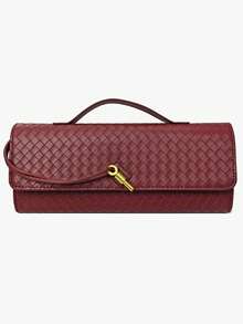 多色编织斜挎包、单肩包、方包、手拿包、派对包，复古简约人造编织纹理安哥拉红复古搭扣翻盖长款钱包手拿包、单肩包，适合正式场合、日常搭配、婚礼派对优雅之选、小手提包 - 酒紅色 - 查看 13