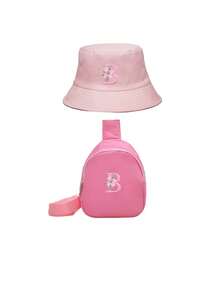 2件套儿童26字母渔夫帽和包包套装，时尚休闲遮阳帽，方便的迷你零钱包，适合女孩返校日常穿着 - 粉色 - 查看 5