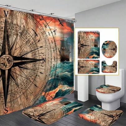 1/3/4 件套浴室帘套装，个性化航海罗盘图案浴帘，含 12 个挂钩，防滑浴室垫/马桶座套套装，可水洗面料，适用于浴室、房车、节日装饰 - 全年适用，情人节家居装饰