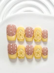 10件套夏季波点美甲套装，亚克力美甲装饰，手工制作的五瓣纯色花朵配金色珠子，白色波点美甲贴纸，黄色指甲油，可爱少女风，包含美甲工具（1个果冻贴纸+1个指甲锉），有方形、短方形和杏仁形可选，适合女性和女孩的手工按压式美甲贴片 - 彩色 - 查看 17