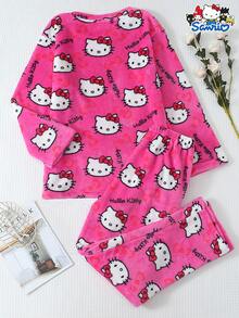 SANRIO 女士加厚绒Hello Kitty睡衣套装，长袖圆领上衣和长裤，柔软舒适休闲家居服套装，适合秋冬季穿着 - 玫紅色 - 查看 2