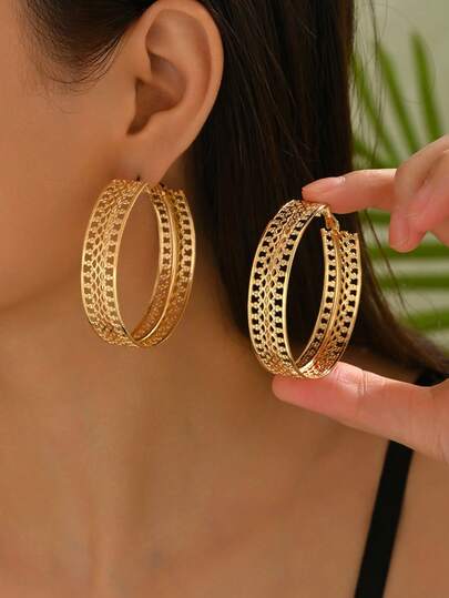 1 par de pendientes de aro de metal con diseño hueco de doble capa, estilo vintage francés, elegantes y exagerados para negocios, para mujeres, de estilo europeo y americano