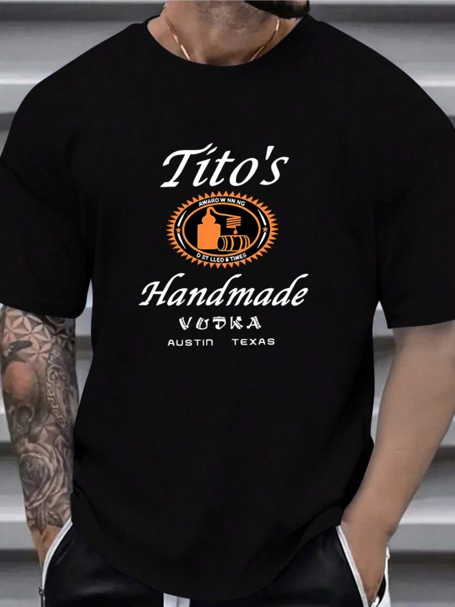Tito's Hand-Printed Men's Crew Neck Short-Sleeve Cotton T-Shirt, Suitable For Everyday Casual Summer Wear, 220 Grams - 黑色 - 查看 1