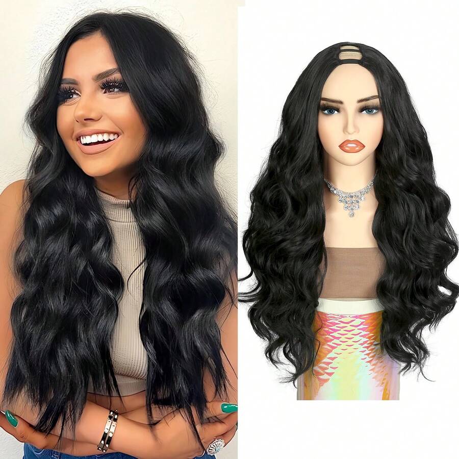 V Part Wig Body Wave 150% Density Upgrade U Part Beginner Friendly Body Wave 28inches Loose Curly Wig ( Black/ Brown Highlights) Full Head Clip In Hair Hair Topper Syntehtic Curly Wig Balck Curly Wave Wig Full Long Wave Wig For Women Daily Life Or Party - Multicolor - View 1