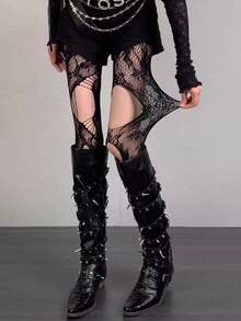 1双Y2K朋克哥特风渔网袜，不对称做旧设计，酒红色/黑色，朋克风性感过膝蕾丝袜 - 彩色 - 查看 9
