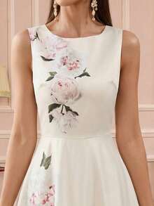 优雅圆领无袖长款伴娘礼服，饰有花卉印花 - 杏色 - 查看 5