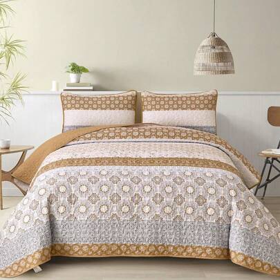 3 Pieces Brown Queen King Size Quilt Set, Striped Plaid Bedspread Coverlet Set, Boho Summer Bedding Set Soft Microfiber Bedding Set With 2 Pillow Shams, Suitable For Wedding Items, Valentines Day Home Bed Room Decor, Mothers Day Gift, All Season