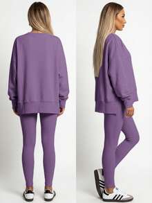Women's 2 Piece Loungewear Set - Soft Ribbed Oversized Sweatshirt & High Waist Leggings-Ultra Soft Pajama Set For Women  - Casual Tracksuit For Airport Outfit & Lounging-Cozy Matching Outfit For Travel Yoga Home - 紫色 - 查看 2