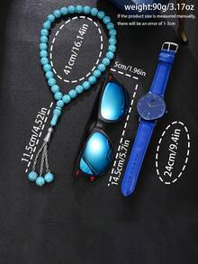 Luxury Fashion Accessory Set: Captivating Blue Tones! Exquisite Watch Paired With Cracked Bead Necklace And Stylish Glasses, Allowing You To Shine With Confidence And Elegance In Any Occasion, Becoming The Fashion Focal Point In The Eyes Of Others! - Blue - View 4