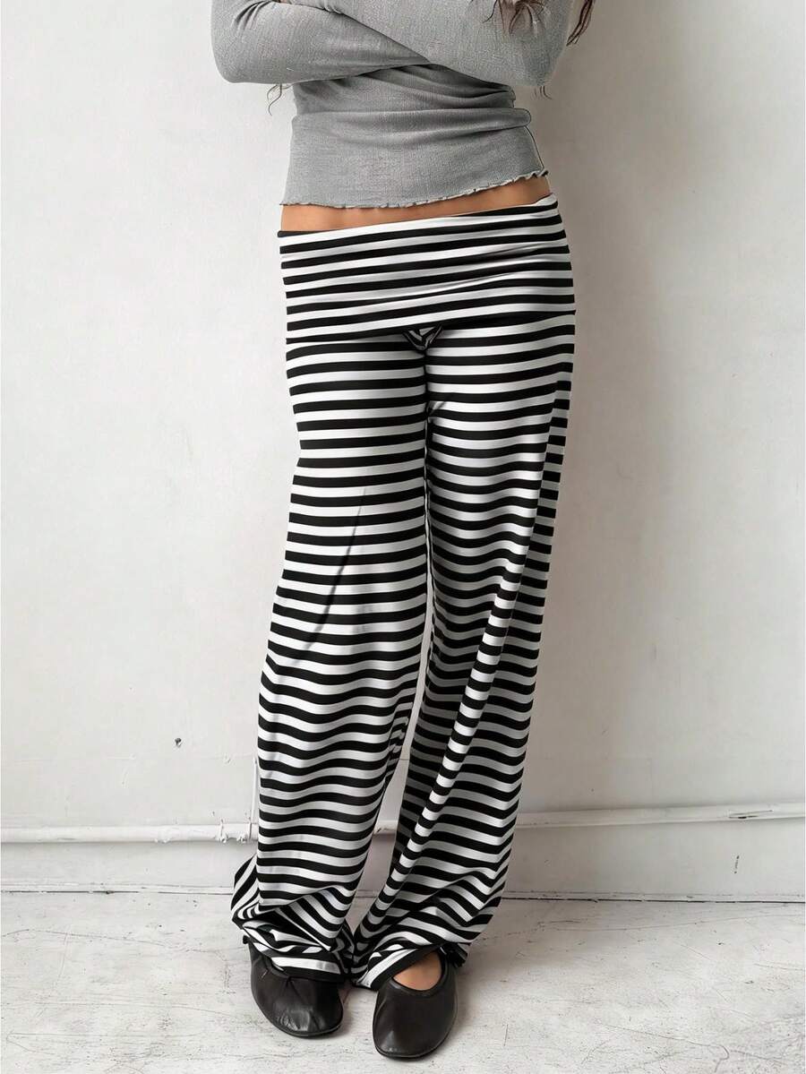 Lounge Yoga Pants For Women Fold Over Low Waist Wide Leg Sweatpants Flare Leggings Bell Bottoms Y2K Foldover Pants - 黑白條紋 - 查看 1