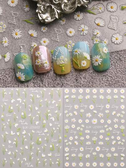 2pcs Spring & Summer Wedding Floral Embossed Nail Art Stickers, 5D Self-Adhesive Nail Decals Decorations, Suitable For Women & Girls Nail Art, Holiday Gift