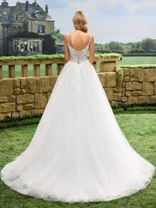 Váy cưới voan mỏng lãng mạn, dây mảnh, ren - Váy cưới thanh lịch - trắng - Xem 3