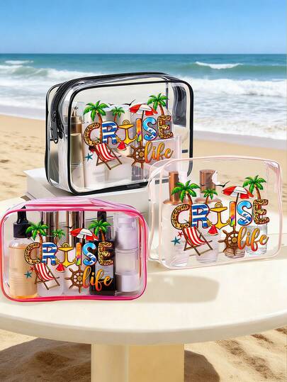 Large Capacity Pvc Travel Organizer Pouch With Zipper Closure -Available In 3 Colors,Printed With The Letters "Cruise" And Coconut Trees Cosmetic Bag,Lightweight Fade-Resistant,Bag Large Capacity Chain Travel Toiletry Bag,---Travel Toiletry Bag,Makeup Organiser,Toiletry Bag, Desk Organiser,Pouch Bag,Easy Wipe-Clean Design,For Travel, Bathroom, Dormitory, Organizer,Valentine's Day Gifts