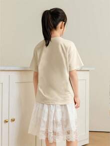 少女休闲印花圆领短袖T恤，夏季上衣 - 杏色 - 查看 3