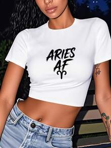 Aries OF Typography Women's Fashion Short Sleeve T-Shirt,Y2K Top Crop,Camisetas De Fiesta,Back To School,Vintage,Street Wear, Rock, Holiday, Vacation, Festival, Summer Tops - 白色 - 查看 2