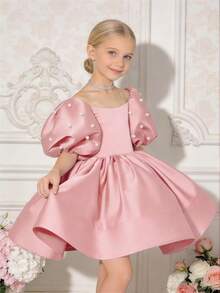 Vestido de princesa elegante de tul para niña con perlas, mangas abullonadas y lazo, adecuado para fiesta de cumpleaños, boda, actuación, niña de las flores, fiesta, celebración festiva - Rosa - Ver 7