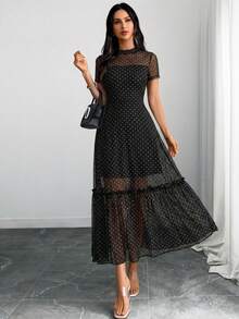 Women's Gothic Elegant Black Base Colorful Floral Print Mesh Round Neck Short Sleeve Waist Ruffle Hem Maxi Dress Summer - Multicolor - View 2